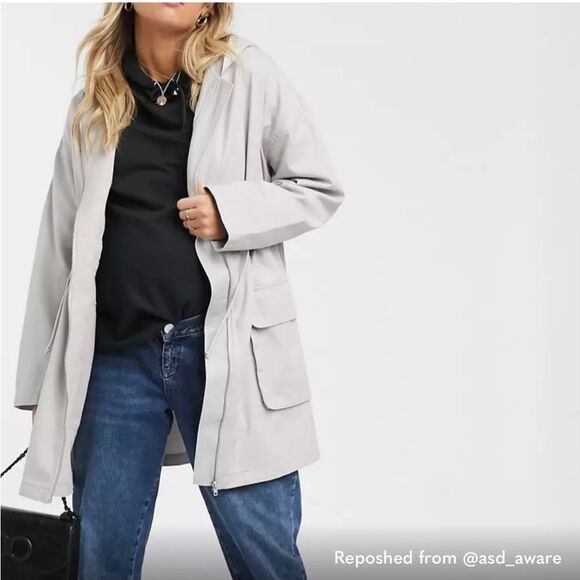 ASOS gray/tan hooded maternity cinch waist lightweight summer coat cotton sz 4 - Picture 1 of 6